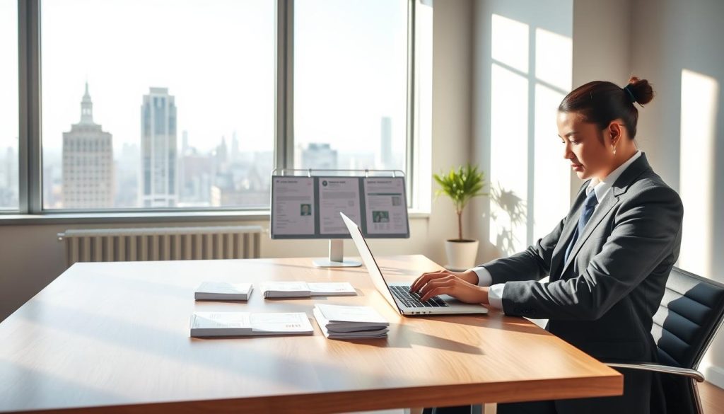 A bright and inviting office setting showcasing the instant loan application process. In the foreground, a business professional, dressed in smart attire, intently fills out a digital application on a sleek laptop at a modern wooden desk. The middle of the image features a display of essential documents like pay stubs and identification, elegantly arranged. In the background, a large window bathes the room in natural light, revealing a vibrant city skyline. Soft shadows accentuate the space, creating a welcoming atmosphere. The overall mood is efficient and hopeful, conveying the ease and accessibility of applying for an instant loan online. The image should be captured from a slightly elevated angle to provide a comprehensive view of the scene.