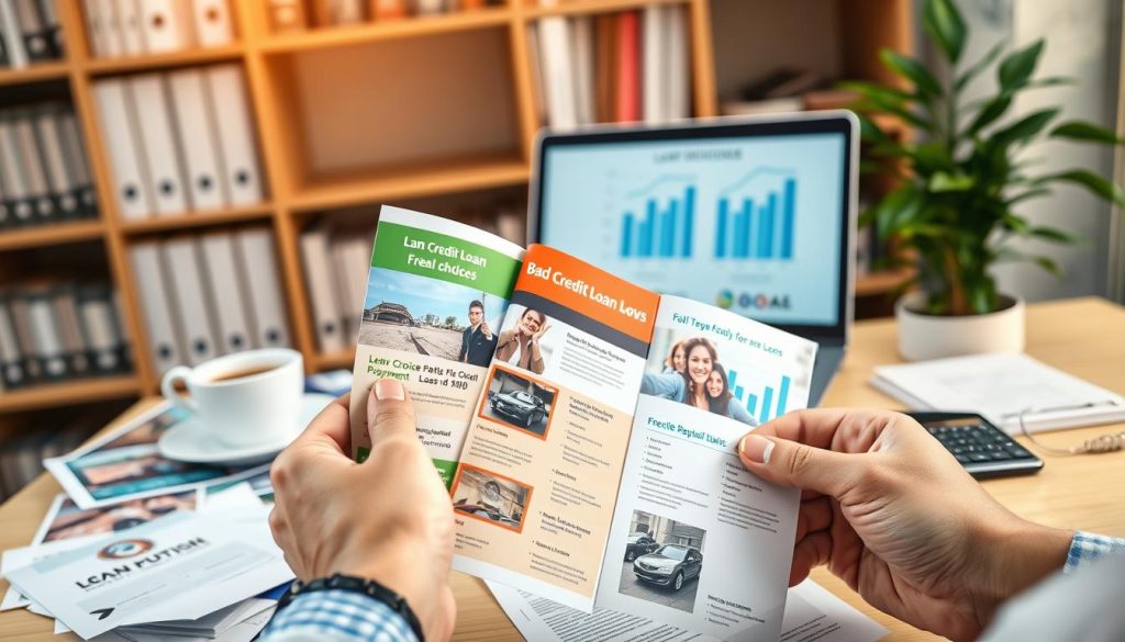 A close-up view of a professional financial advisor's desk, focusing on an array of colorful brochures and documents that represent bad credit loan options. In the foreground, a pair of hands is seen holding a brochure that highlights different loan choices, with images of low-interest rates and flexible payment plans. The middle layer features an elegant laptop displaying graphs of loan repayment plans and a calculator, partially obscured by a cup of coffee. In the background, there are shelves filled with financial books and a potted plant bringing a touch of greenery. The lighting is warm and soft, creating an inviting atmosphere that suggests trust and professionalism, captured with a shallow depth of field for emphasis. The overall mood conveys a sense of hope and opportunity for individuals seeking financial solutions.