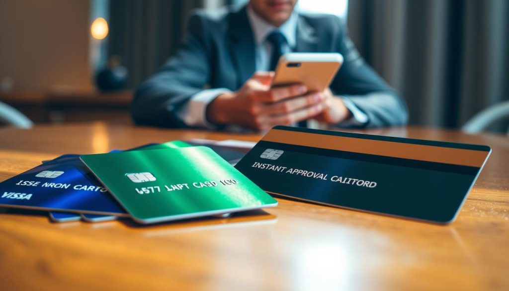 A close-up view of several instant approval credit cards laid out on a polished wooden table, with a focus on their sleek, modern designs and vibrant colors like blue, green, and gold. In the background, a soft-focus image of a person in professional business attire, thoughtfully reviewing their smartphone screen, suggesting approval and confidence. The lighting is warm and inviting, casting gentle shadows and highlighting the metallic reflections on the cards. The atmosphere conveys a sense of optimism and accessibility, illustrating the potential for financial empowerment. The perspective is slightly angled, showcasing the cards prominently while keeping the background elements subtle and supportive.