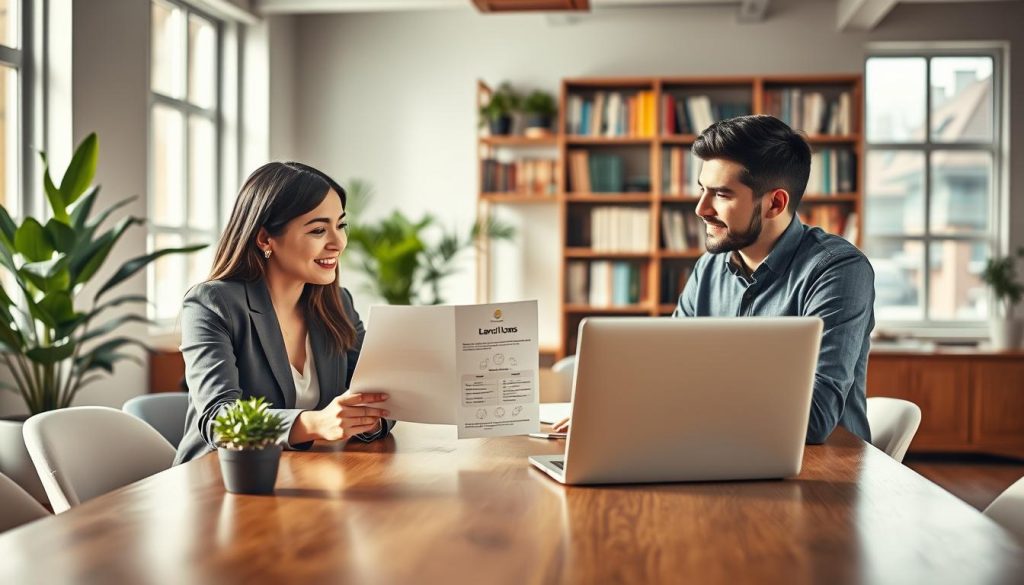 A cozy, modern office space filled with soft natural light filtering through large windows. In the foreground, a diverse group of three professionals—two women and one man—are seated at a sleek wooden table, reviewing a document titled "Easy Personal Loans" without any visible text. The woman on the left, wearing a smart blazer, gestures towards the paper, while the man, in a casual yet professional shirt, listens attentively. In the middle ground, a laptop displays simple graphics illustrating loan options, surrounded by green plants adding an inviting touch. The background showcases bookshelves filled with financial guides, enhancing the atmosphere of knowledge and trust. Capture in warm lighting with a slightly blurred background to bring focus to the interaction, evoking a feeling of optimism and opportunity.