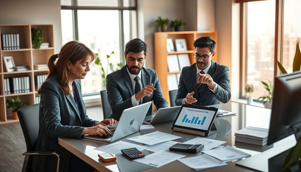 A detailed, professional scene depicting a diverse group of individuals analyzing personal loan rates in a modern office setting. In the foreground, a middle-aged woman in business attire is seated at a sleek desk, reviewing financial documents and using a laptop. Next to her, a young man, also in business attire, points at a chart showing interest rates on a tablet. The middle area features a large window with soft, natural light illuminating the workspace, along with scattered documents and a calculator. The background includes a bookshelf adorned with financial books, plants for a touch of greenery, and a cityscape visible through the window. The atmosphere is focused and collaborative, emphasizing careful consideration and professionalism in financial decisions.