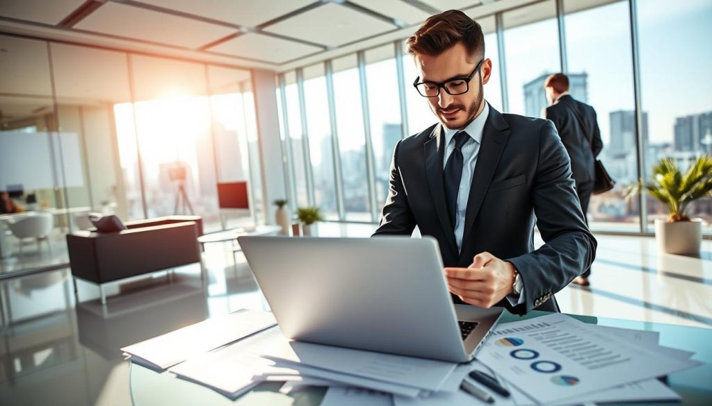 A dynamic business scene capturing the essence of "instant approval business loans online." In the foreground, a confident business professional in business attire, using a laptop, surrounded by papers and charts, demonstrating active engagement with a loan application process. In the middle ground, a sleek modern office, featuring glass walls and contemporary furniture, reflects a productive atmosphere. The background showcases a city skyline through the large windows, symbolizing opportunity and growth. Bright, natural light floods the space, creating an optimistic and energetic mood. The overall composition should emphasize clarity and focus, with a wide-angle view highlighting the interactions between technology and business, while ensuring a clean and professional aesthetic.