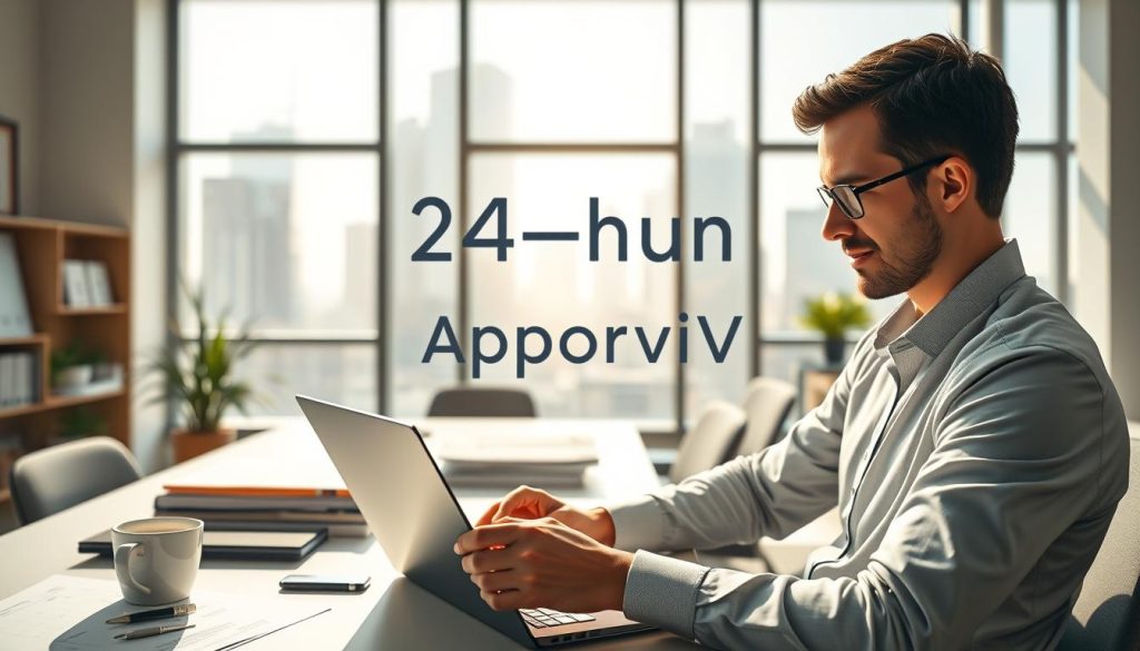 A dynamic, well-lit office environment showcasing the 24-hour loan approval process. In the foreground, a digitally depicted financial advisor in professional attire, engaged with a laptop, analyzing loan applications. The middle layer features an organized desk with documents, a credit report, and a coffee cup, symbolizing a busy yet efficient workflow. The background displays large windows allowing soft, natural light to illuminate the room, with city skyline views suggesting urgency and modernity. The atmosphere is focused and productive, embodying a sense of reliability and speed in financial services. The image reflects the concept of fast, same-day loan approvals while staying clear of any text or labels.