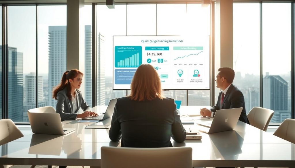 A financial scene depicting various quick personal loan funding methods in a modern, professional setting. In the foreground, a diverse group of three people dressed in professional business attire discusses funding options at a sleek conference table filled with laptops and documents. The middle ground shows a large digital screen displaying graphs and icons related to loan applications and instant funding methods, such as direct bank deposits and mobile payment apps. In the background, large windows bathe the room in natural light, revealing a cityscape that conveys a sense of urgency and opportunity. The atmosphere is focused and energetic, emphasizing quick decision-making and financial empowerment, all captured from a slightly elevated angle to highlight the collaborative discussion. A financial scene depicting various quick personal loan funding methods in a modern, professional setting. In the foreground, a diverse group of three people dressed in professional business attire discusses funding options at a sleek conference table filled with laptops and documents. The middle ground shows a large digital screen displaying graphs and icons related to loan applications and instant funding methods, such as direct bank deposits and mobile payment apps. In the background, large windows bathe the room in natural light, revealing a cityscape that conveys a sense of urgency and opportunity. The atmosphere is focused and energetic, emphasizing quick decision-making and financial empowerment, all captured from a slightly elevated angle to highlight the collaborative discussion.