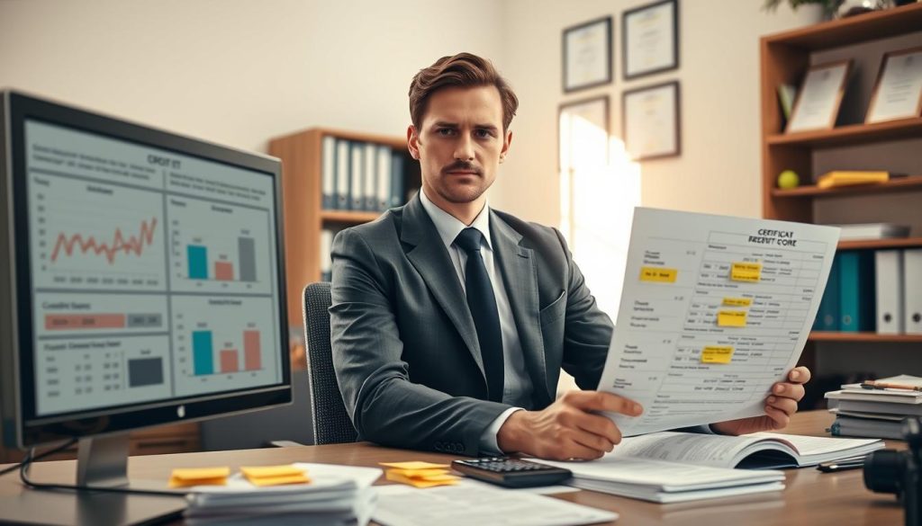 A focused office scene showing a professional individual sitting at a desk, diligently reviewing a credit report filled with highlighted errors. In the foreground, a computer monitor displays detailed graphs and numbers related to credit scores, while sticky notes with reminders are scattered around the workspace. The middle layer features a stack of documents and a calculator, indicating thorough analysis. In the background, a well-organized bookcase holds financial guides and certificates on the wall, adding to the professional atmosphere. Soft, natural lighting filters in through a nearby window, casting a warm glow and creating an uplifting mood. The individual, dressed in formal business attire, conveys a sense of determination and expertise in addressing financial matters.