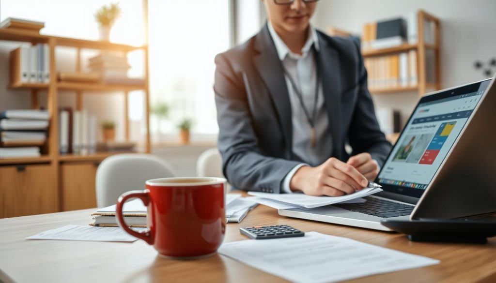 A modern office desk scene focused on an individual (a young adult in professional attire, wearing a smart blazer) preparing a credit card application. In the foreground, neatly organized documents and a laptop open to a financial website, with a pen poised above the application form. The middle ground features a cup of coffee and a calculator, suggesting a warm, inviting atmosphere. In the background, there are shelves filled with financial books and a large window allowing soft, diffused daylight to illuminate the workspace, creating a productive mood. The overall composition seeks to convey a sense of focus and professionalism in preparing for credit card applications, highlighting organization and readiness.