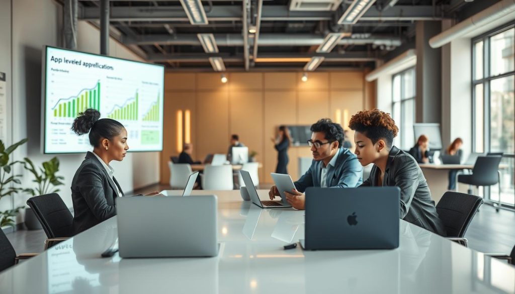 A modern office environment showcasing rapid business loan processing. In the foreground, a diverse group of three professionals in business attire sits around a sleek conference table, actively discussing loan applications with laptops open. The middle layer features a large digital screen displaying graphs and approval timelines, highlighting efficiency in processing. In the background, a bright, open-plan workspace filled with natural light, with employees collaborating and engaged in work. The atmosphere is dynamic and focused, conveying a sense of urgency and innovation. Use soft, warm lighting to create an inviting yet professional mood, and capture the scene from a slightly elevated angle to emphasize the teamwork and technology at play.