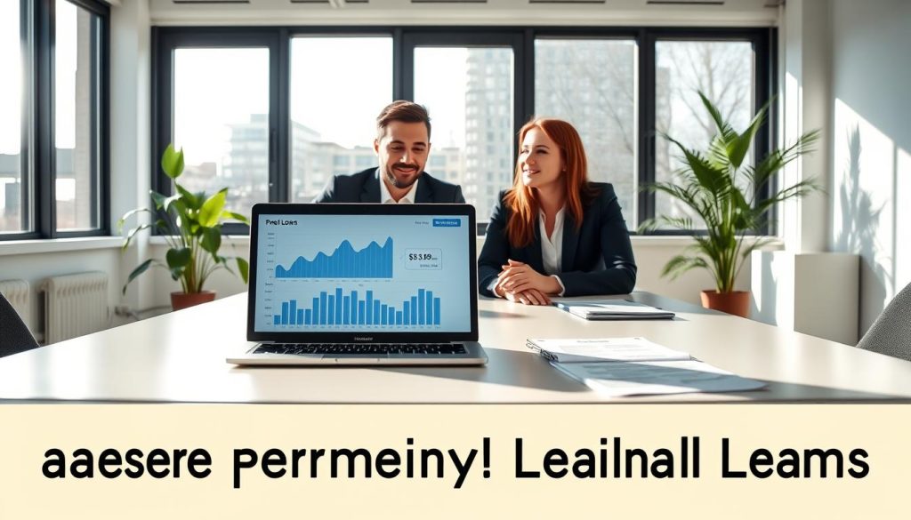 A modern office setting featuring a professional couple seated at a sleek conference table, discussing personal loans. The foreground shows a laptop displaying financial graphs, with low interest rates highlighted. The middle layer includes notes and documents related to loan applications, arranged neatly on the table. In the background, large windows allow natural light to flood the room, creating an inviting atmosphere. Soft shadows emphasize the seriousness of the discussion, while plants in the corners add a touch of warmth. The couple is dressed in smart business attire, exuding confidence and professionalism. The scene conveys a sense of optimism and financial empowerment, aiming to reflect the theme of accessing affordable personal loans.