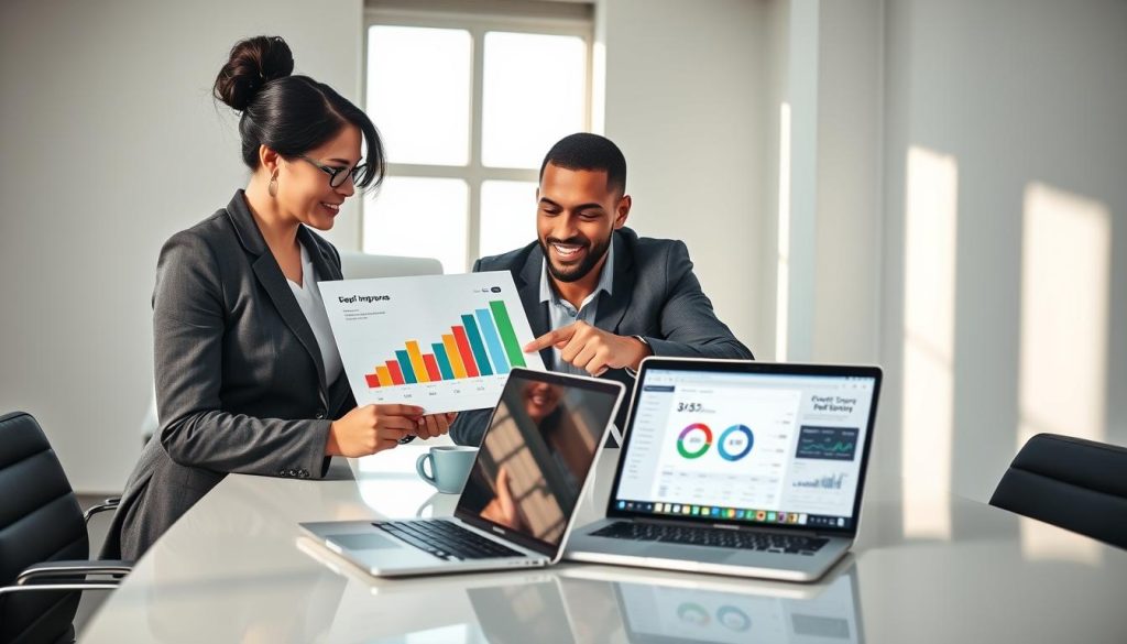 A modern office setting with a diverse group of three professionals collaborating at a sleek conference table. In the foreground, a focused woman in a smart business suit is reviewing a colorful chart displaying credit improvements. Beside her, a man in a casual yet professional outfit points at the chart, engagingly sharing insights. In the middle, an open laptop displays a financial dashboard, symbolizing credit score tracking. The background features a bright window with natural light pouring in, casting soft shadows across the room. The atmosphere is optimistic and productive, enhancing the theme of building a positive credit history. Use a wide-angle lens to capture the collaborative energy, ensuring all elements are clear and well-composed.