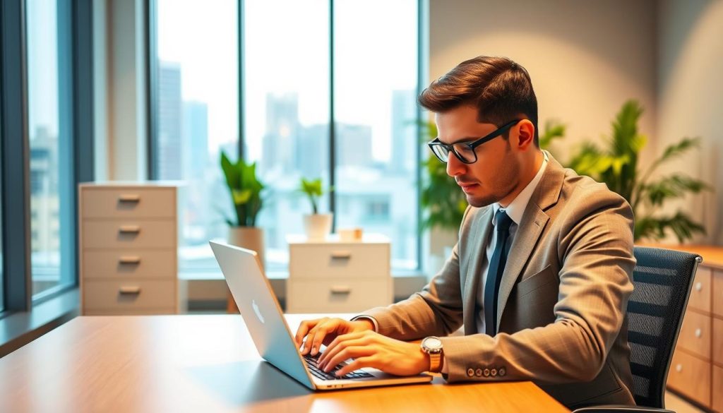 A modern office setting with a professional and welcoming atmosphere. In the foreground, a focused individual wearing business attire, seated at a sleek desk, interacts with a laptop while reviewing a loan application. In the middle ground, a well-organized filing cabinet is visible, along with potted plants to create a calm ambiance. The background features a large window with natural light streaming in, showcasing a cityscape outside. The lighting is bright but warm, highlighting the individual’s concentration and determination. The overall mood is one of professionalism and efficiency, reflecting the process of managing an instant personal loan. Use a slightly angled perspective to emphasize the individual’s engagement with their work.