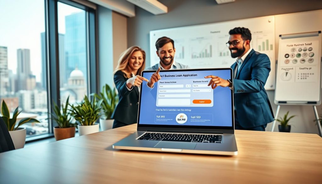 A modern office setting with a sleek desk displaying a laptop open to a business loan application interface. In the foreground, a diverse group of three professionals in business attire—one woman and two men—enthusiastically discussing and pointing towards the screen. The middle ground features a large window letting in warm, natural light, revealing a bustling cityscape. Potted plants add a touch of greenery, creating a fresh atmosphere. In the background, a whiteboard filled with diagrams and financial plans is visible, emphasizing a productive and collaborative environment. The overall mood is optimistic and energetic, reflecting the benefits of quick business loan approvals and the potential for fast funding. The composition is captured with a slightly elevated angle to encompass the excitement and urgency of the scene.