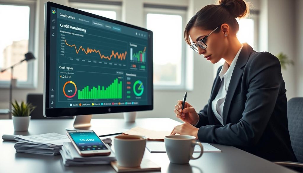 A modern workspace featuring a computer screen displaying a colorful dashboard with credit monitoring graphs and statistics. In the foreground, a focused young professional woman in smart business attire is analyzing her credit report, jotting down notes. In the middle ground, a sleek desk with a smartphone showing a financial app, stacks of financial documents, and a coffee cup, emphasizing a productive and organized environment. In the background, a bright window with natural light illuminating the scene, adding an optimistic and encouraging mood. The atmosphere is one of diligence and empowerment, illustrating the importance of credit monitoring in personal finance management. Soft lighting enhances the professionalism of the setting, creating a welcoming yet serious ambiance.