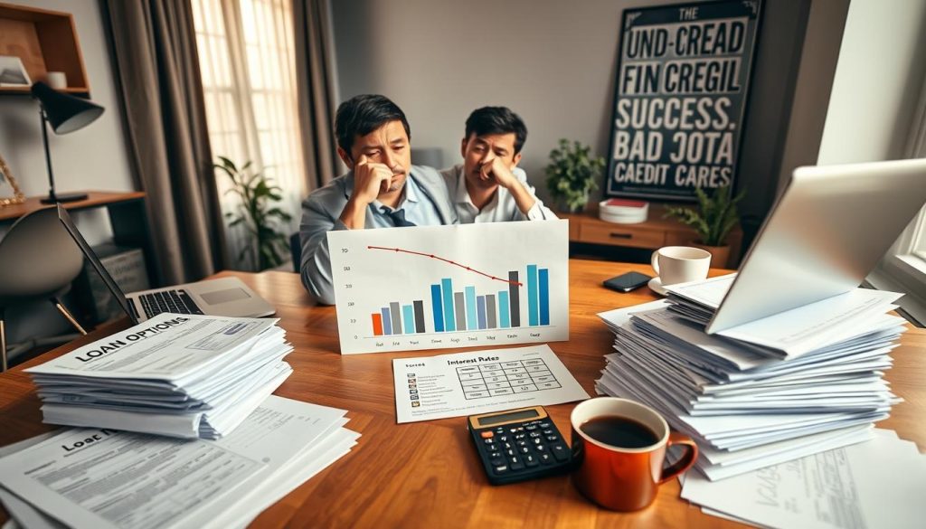A person sitting at a wooden desk, surrounded by financial documents and a laptop, looking thoughtfully at a chart showing declining credit scores. In the foreground, stacks of papers labeled "Loan Options" and "Interest Rates" are scattered, along with a calculator and a cup of coffee. The middle layer features a concerned individual in professional attire, possibly a financial advisor, explaining the options. In the background, a cozy yet modern office setting with an inspirational poster about financial success on the wall. Soft, natural light streams in through a nearby window, creating an inviting atmosphere, highlighting the challenges of bad credit financing with a sense of hope and determination. The angle is slightly above eye level, providing a comprehensive view of the scene without any text or overlays.