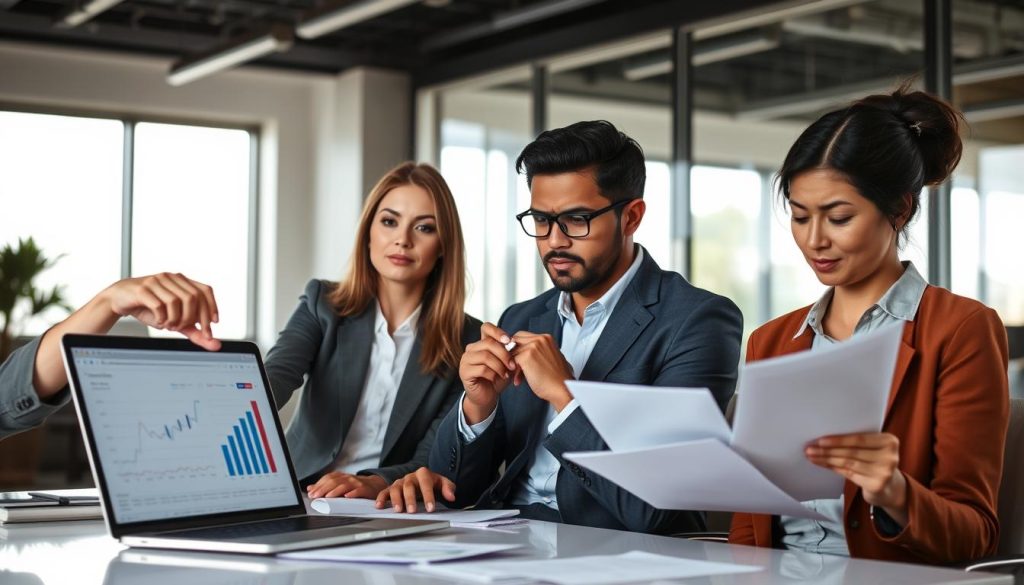 A professional business setting featuring a diverse group of three individuals engaged in a serious discussion. In the foreground, a confident woman in business attire is pointing at a laptop screen displaying graphs and financial data related to loans. In the middle, a thoughtful man sits with a notepad, jotting down important notes, while another individual, a woman of Asian descent, reviews a document with a concerned expression, representing critical considerations of no credit check loans. The background includes a modern office with large windows letting in natural light, casting soft highlights and shadows, creating a calm but intense atmosphere. The scene is captured from a slightly elevated angle, emphasizing engagement and collaboration among the participants.