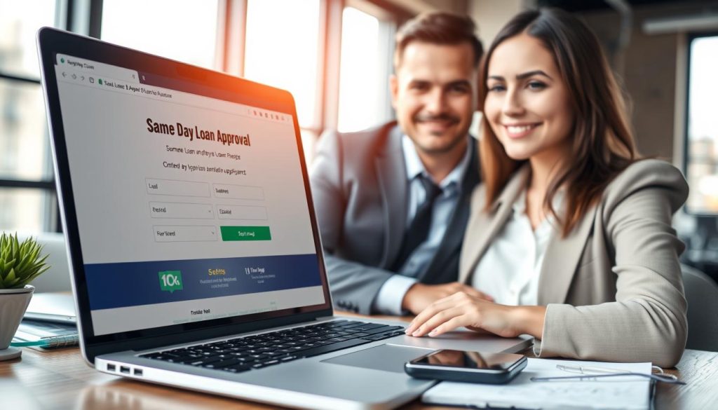 A professional, modern workspace featuring a laptop displaying a "Same Day Loan Approval" webpage. In the foreground, a confident person in business attire, focused and engaged, is filling out an online loan application. In the middle, the workspace includes a notepad, calculator, and a smartphone, symbolizing financial preparation. The background shows a bright and airy office environment with natural light streaming through large windows, creating a warm and inviting atmosphere. The composition is framed at a slight angle, capturing both the laptop screen and the individual’s expressions. The mood reflects optimism and efficiency, representing the ease of online loan applications.