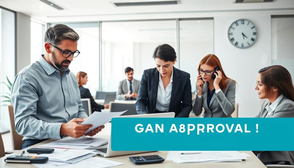 A professional office setting showcasing the emergency loan approval process. In the foreground, a diverse group of individuals in business attire—a middle-aged man reviewing documents, a young woman typing on a laptop, and another person on a phone—collaborate around a desk filled with paperwork, calculators, and a laptop screen displaying loan approval software. The middle ground features an elegant conference room with a glass wall, allowing natural light to stream in, enhancing the atmosphere of teamwork and urgency. In the background, a clock displays the time, suggesting efficiency and timeliness. The overall mood is focused, professional, and optimistic, emphasizing the quick turnaround of loan approvals. The lighting is bright and clear, capturing a sense of transparency and trustworthiness.