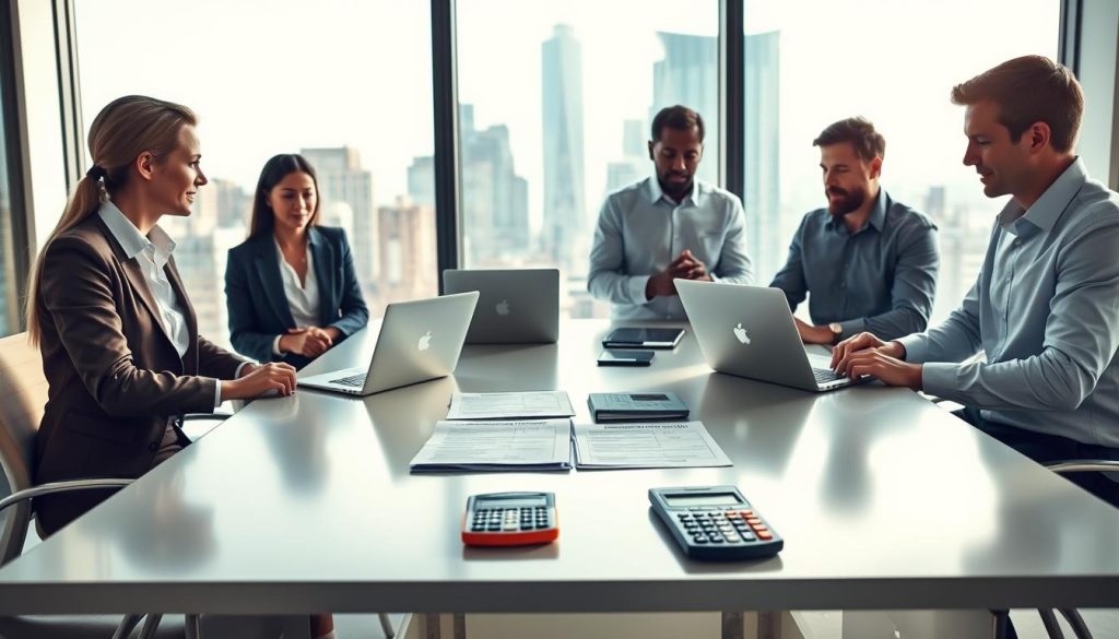 A professional setting illustrating the "same day approval loans process." In the foreground, a diverse group of three individuals in business attire—one woman in a blazer and two men in dress shirts—are engaged in a discussion at a sleek, modern conference table, their laptops open. In the middle, a table displays loan application documents and financial calculators, highlighting the quick approval workflow. The background features a well-lit office space with large windows, showcasing a city skyline, conveying a sense of urgency and opportunity. Soft, natural lighting enhances the focus on the subject while casting gentle shadows. The atmosphere is dynamic and professional, emphasizing efficiency and accessibility in finance. A professional setting illustrating the "same day approval loans process." In the foreground, a diverse group of three individuals in business attire—one woman in a blazer and two men in dress shirts—are engaged in a discussion at a sleek, modern conference table, their laptops open. In the middle, a table displays loan application documents and financial calculators, highlighting the quick approval workflow. The background features a well-lit office space with large windows, showcasing a city skyline, conveying a sense of urgency and opportunity. Soft, natural lighting enhances the focus on the subject while casting gentle shadows. The atmosphere is dynamic and professional, emphasizing efficiency and accessibility in finance.