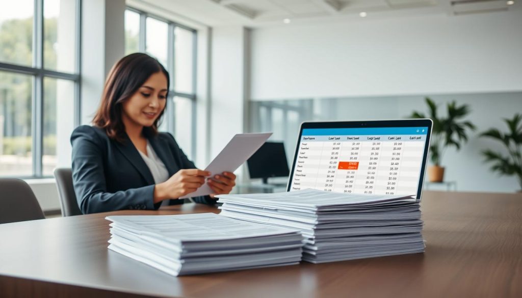 A visually engaging image representing a personal loan comparison. In the foreground, a sleek, modern table holds a stack of documents labeled with different loan amounts and interest rates, arranged in an organized manner. In the middle, a confident professional woman in smart business attire studies the documents, her expression focused and analytical. To her side, a laptop displays a financial comparison spreadsheet, illustrating various loan options. In the background, a bright and airy office environment with large windows allows natural light to flood in, creating a positive and hopeful atmosphere. The scene is shot from a slightly elevated angle to capture both the woman and the loan documents clearly, emphasizing the theme of making informed financial decisions.