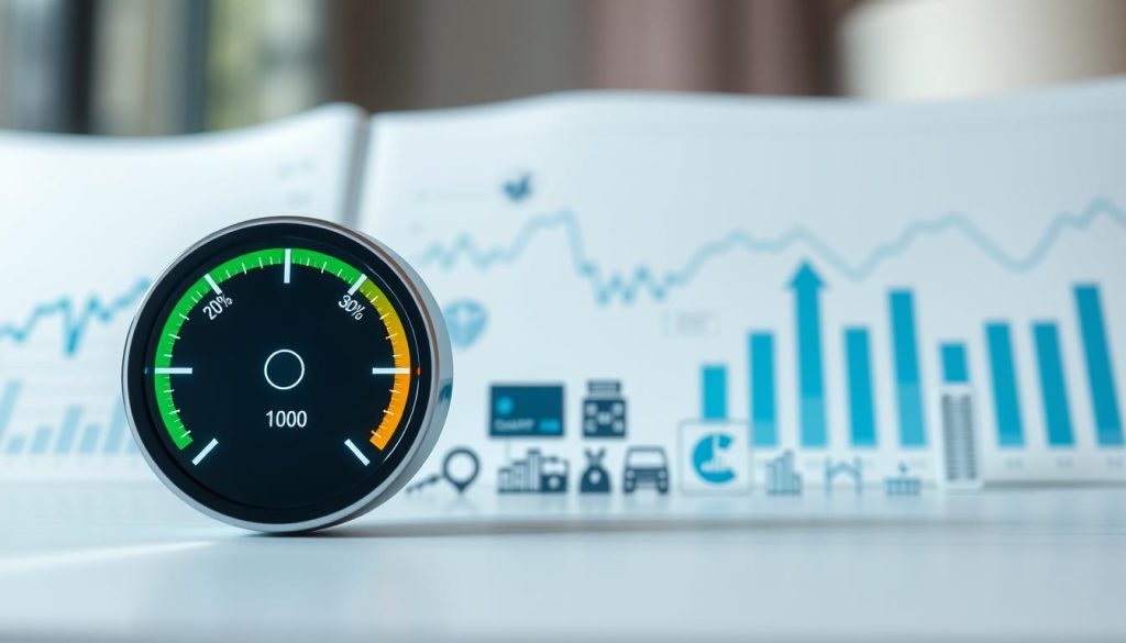 A visually striking infographic-style representation of the credit utilization ratio. In the foreground, a sleek digital gauge measuring credit utilization, displayed as a vibrant bar graph showing percentages with a fluctuating line graph overlay, all on a clean, modern background. In the middle ground, neatly arranged icons symbolizing credit cards, bills, and financial planning tools, emphasizing the importance of debt management. The background features a subtle blend of financial charts, softly colored in blues and greens, evoking professionalism and clarity. The lighting should be bright with a soft focus, enhancing the overall mood of financial stability and insight. Capture the essence of managing debt wisely, using a clear perspective that highlights simplicity and organization in personal finance.